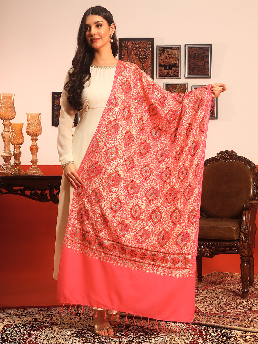 Pashmoda Women Ornate Harmony Fine Wool Nalki Embroidered Stole (Size : 71X203 CM)