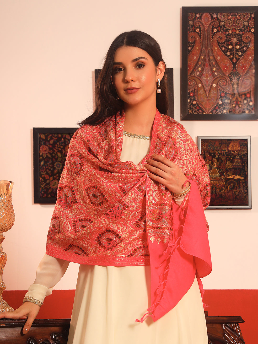 Pashmoda Women Ornate Harmony Fine Wool Nalki Embroidered Stole (Size : 71X203 CM)