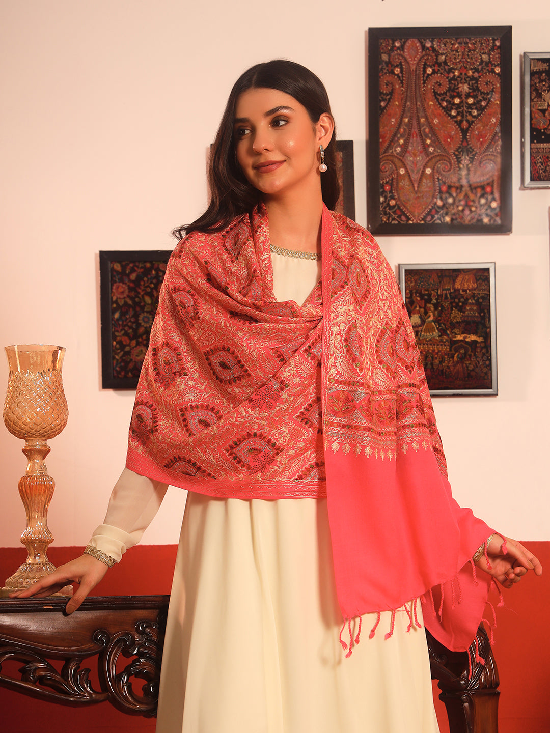 Pashmoda Women Ornate Harmony Fine Wool Nalki Embroidered Stole (Size : 71X203 CM)