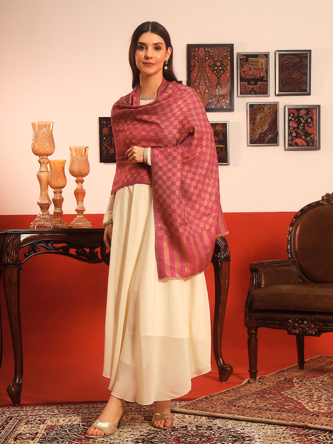 Pashmoda Women Champagne Check Reversible Zari Moonlight Fine Wool Stole (Size: 71x203 Cm)