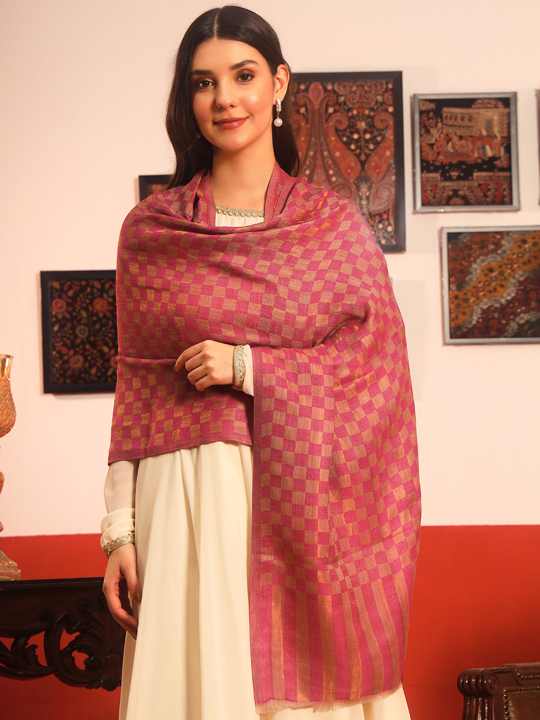 Pashmoda Women Champagne Check Reversible Zari Moonlight Fine Wool Stole (Size: 71x203 Cm)