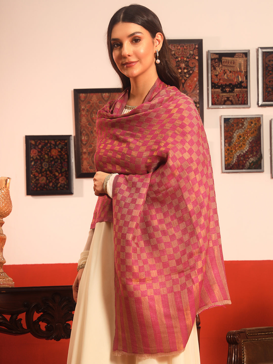 Pashmoda Women Champagne Check Reversible Zari Moonlight Fine Wool Stole (Size: 71x203 Cm)