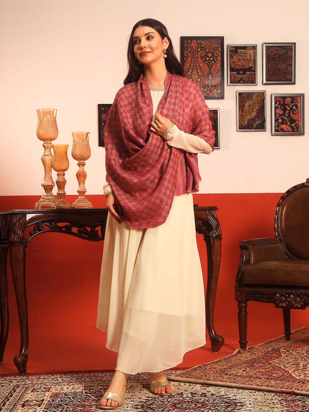 Pashmoda Women Champagne Check Reversible Zari Moonlight Fine Wool Stole (Size: 71x203 Cm)