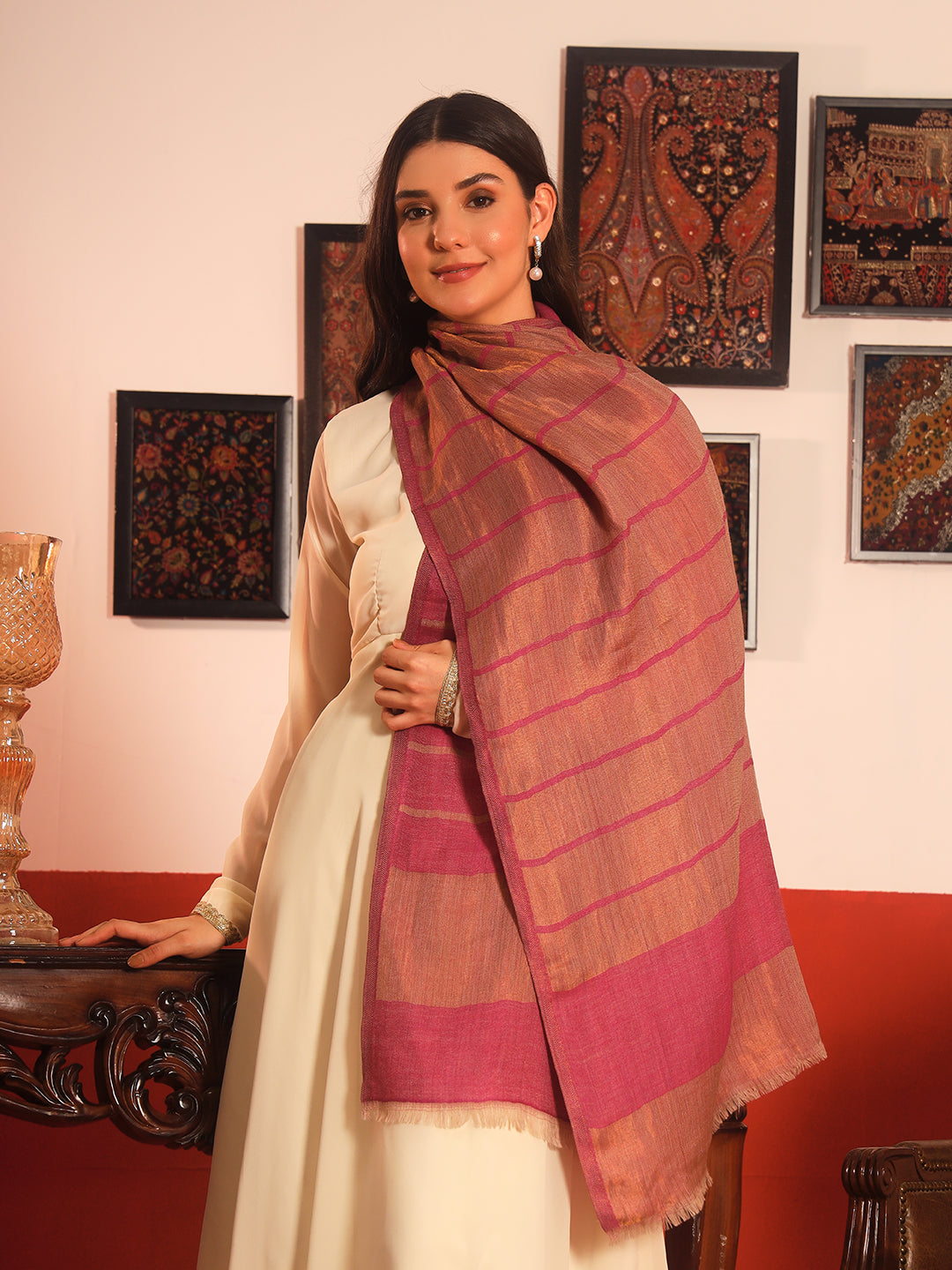 Pashmoda Women Parallel Grace Reversible Zari Moonlight Fine Wool Stole (Size: 71x203 Cm)