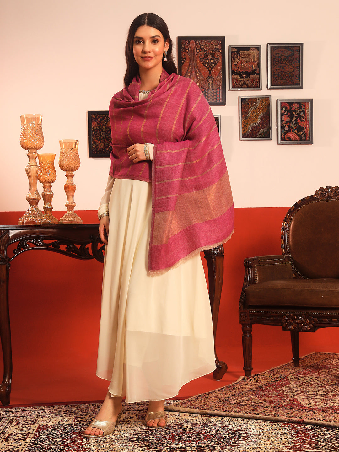 Pashmoda Women Parallel Grace Reversible Zari Moonlight Fine Wool Stole (Size: 71x203 Cm)