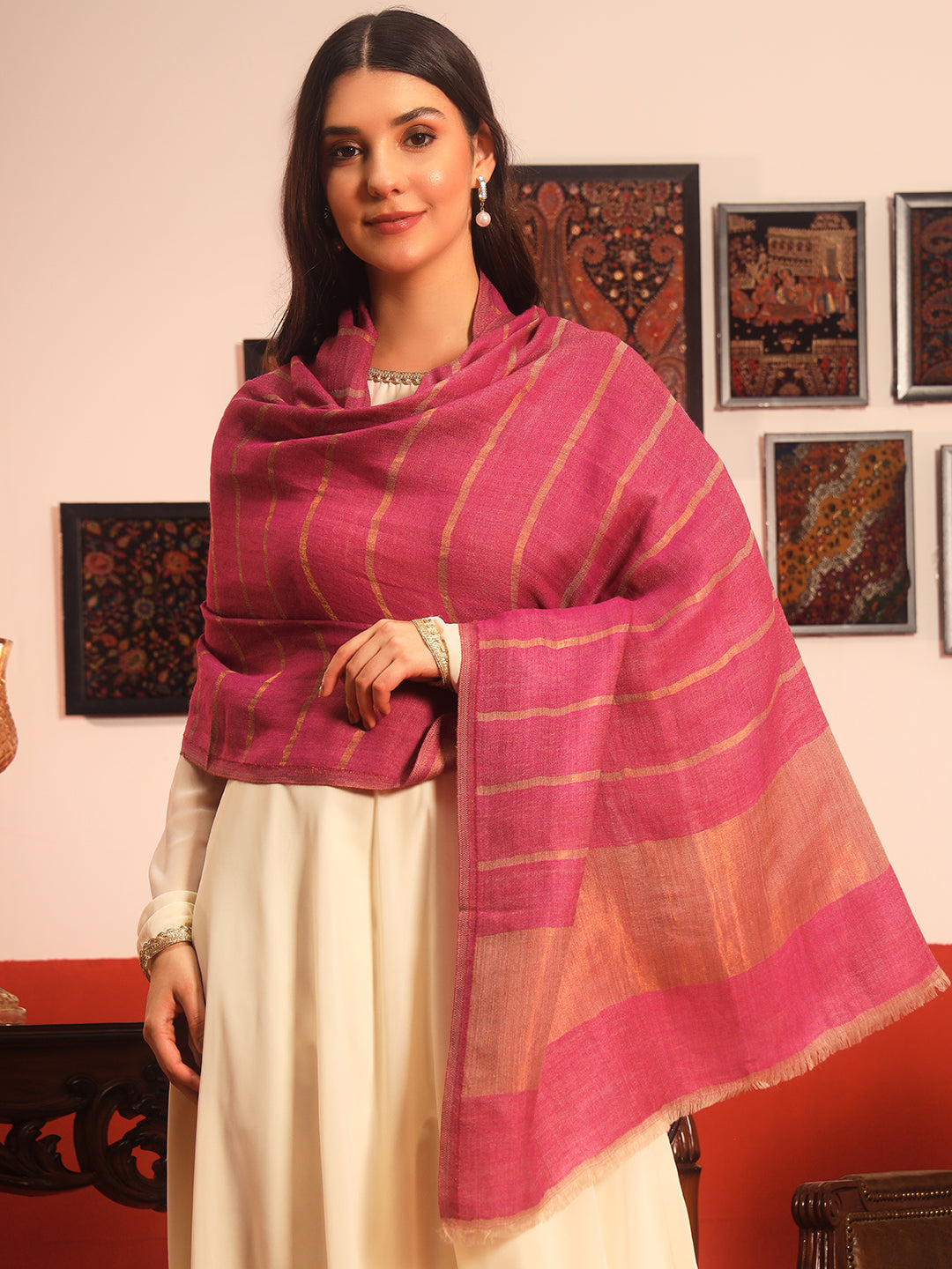 Pashmoda Women Parallel Grace Reversible Zari Moonlight Fine Wool Stole (Size: 71x203 Cm)