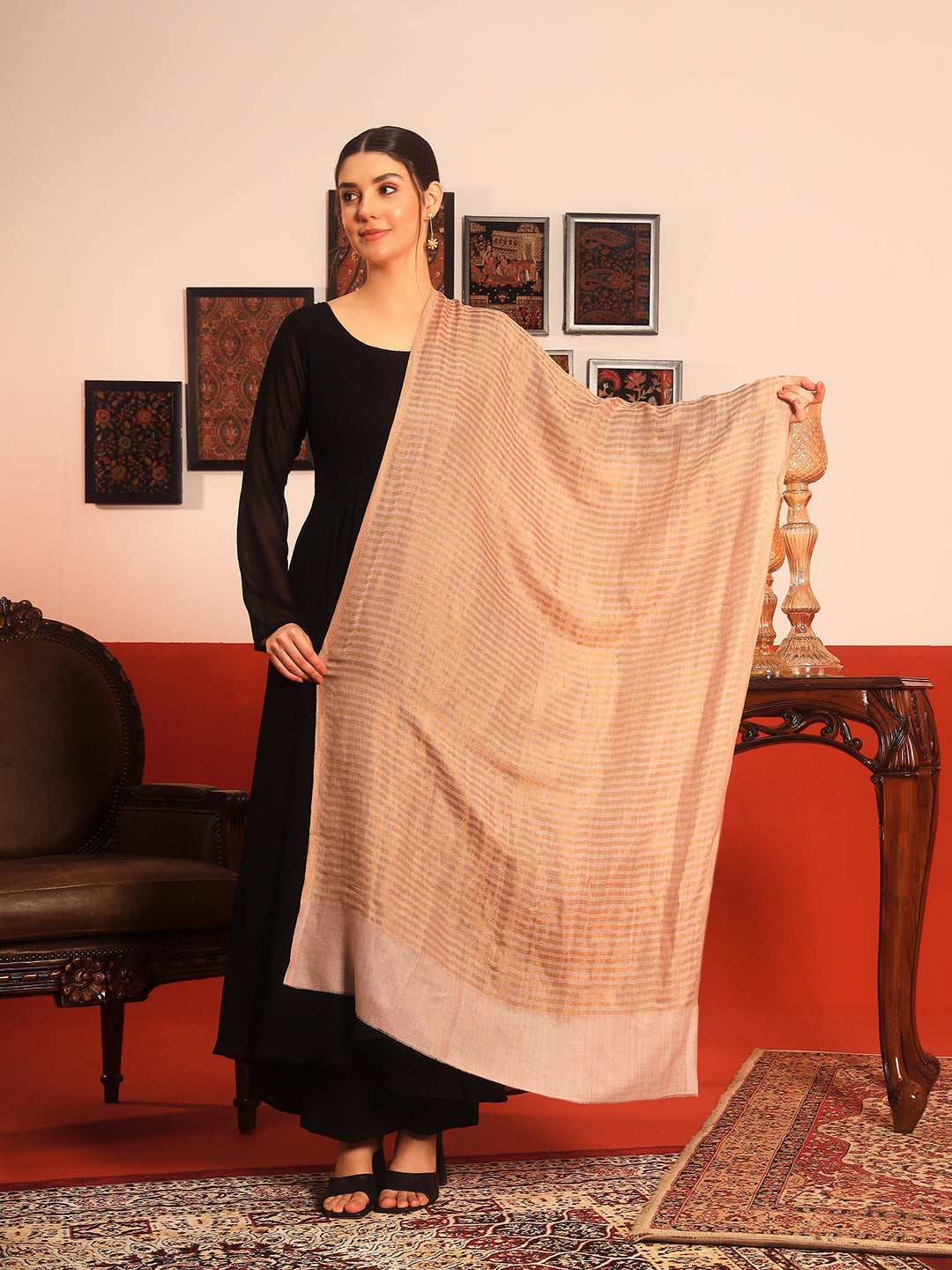 Pashmoda Women Golden Eclipse Reversible Zari Moonlight Fine Wool Stole (Size: 71x203 Cm)