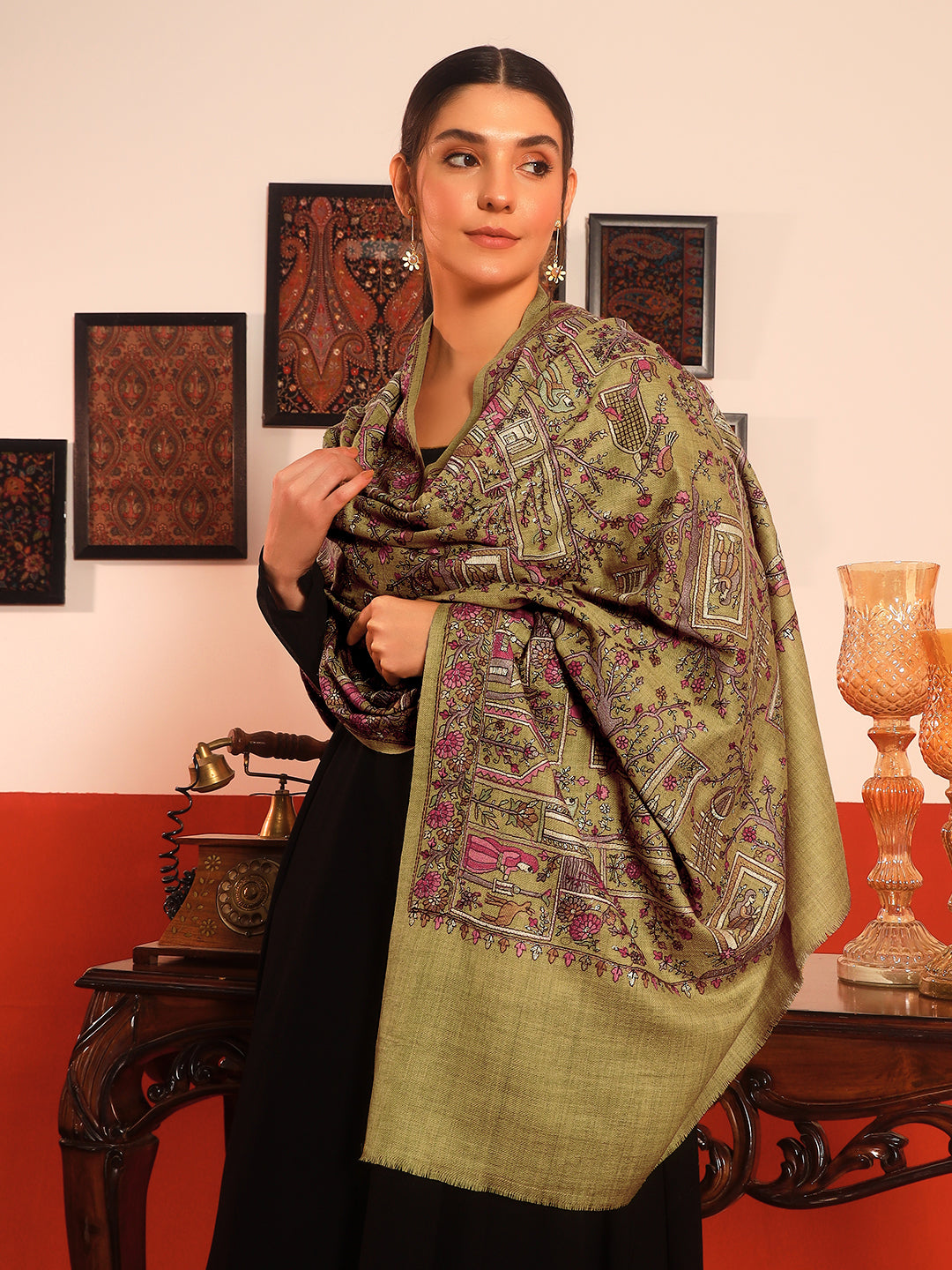 Pashmoda Women Arwina 100% Pure Wool Sozni Hand Embroidered Shawl (Size: 101x203 CM)