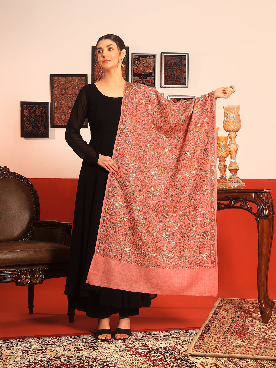 Pashmoda Women’s 100% Pure Wool Sozni Hand Embroidered Stole (Size: 71x203 cm)