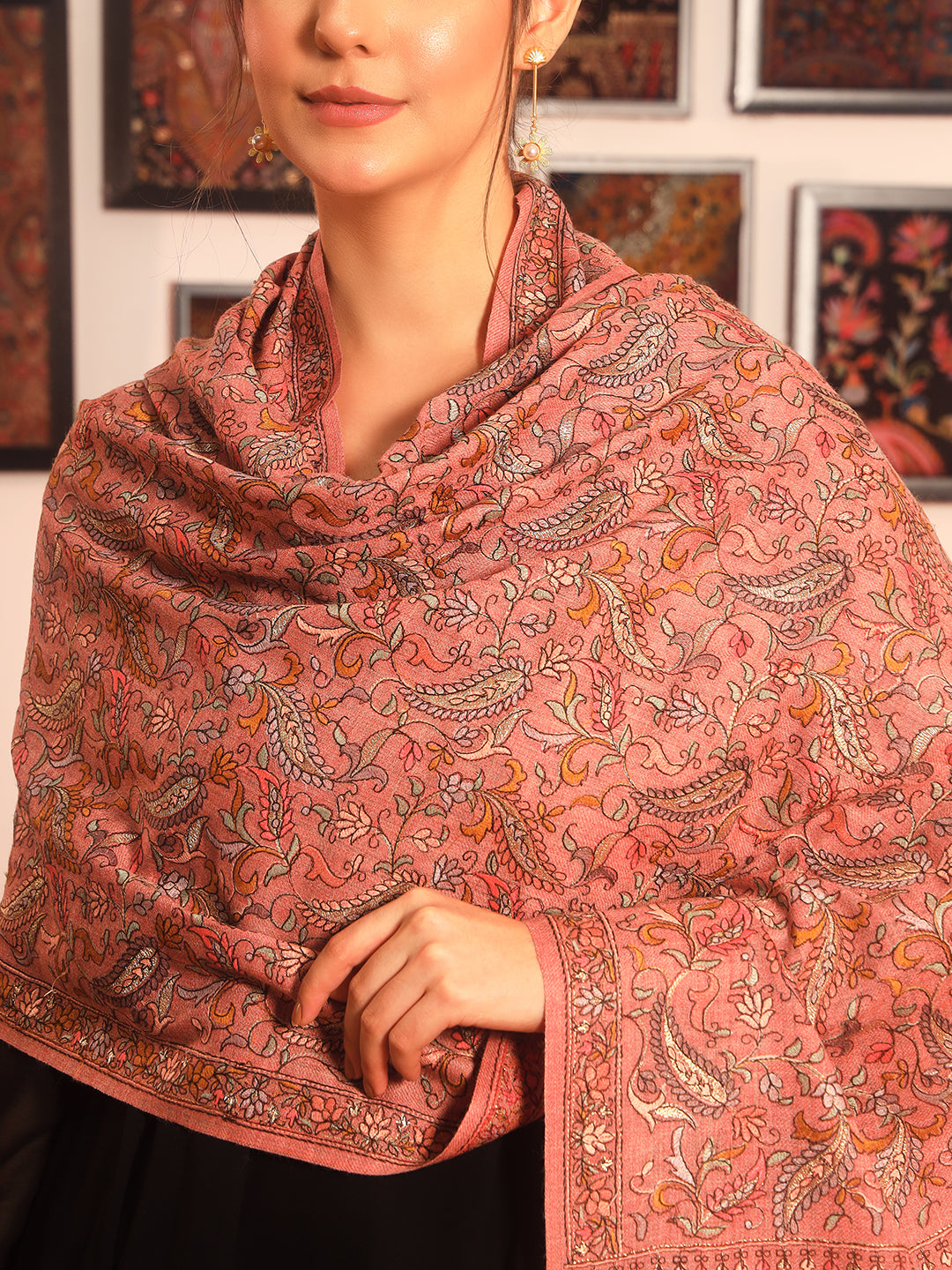 Pashmoda Women’s 100% Pure Wool Sozni Hand Embroidered Stole (Size: 71x203 cm)