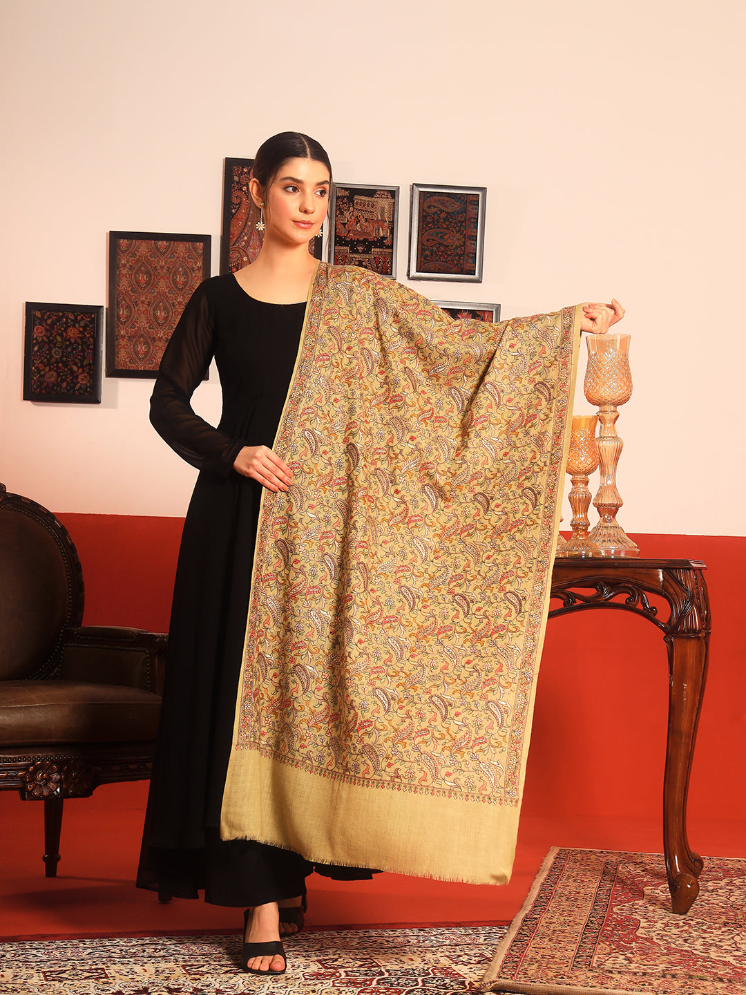 Pashmoda Women’s 100% Pure Wool Sozni Hand Embroidered Stole (Size: 71x203 cm)