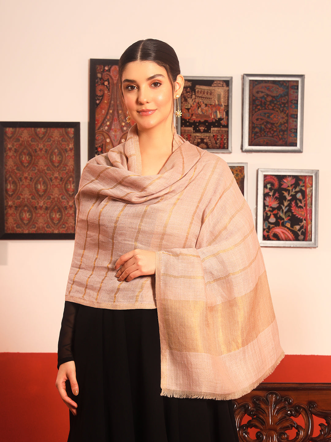 Pashmoda Women Parallel Grace Reversible Zari Moonlight Fine Wool Stole (Size: 71x203 Cm)