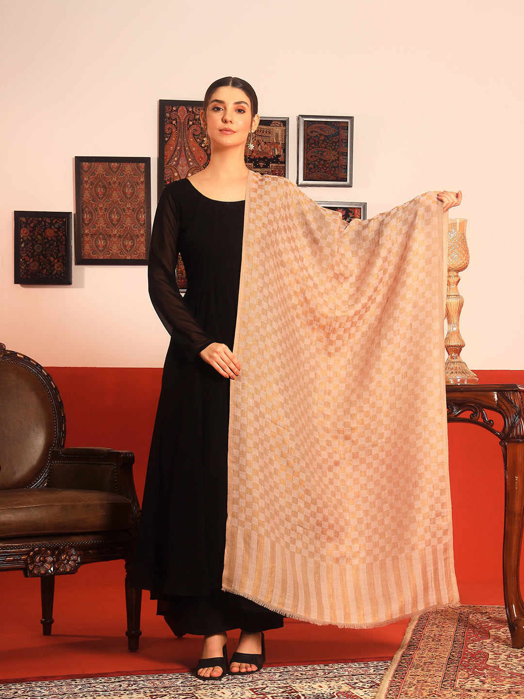 Pashmoda Women Champagne Check Reversible Zari Moonlight Fine Wool Stole (Size: 71x203 Cm)