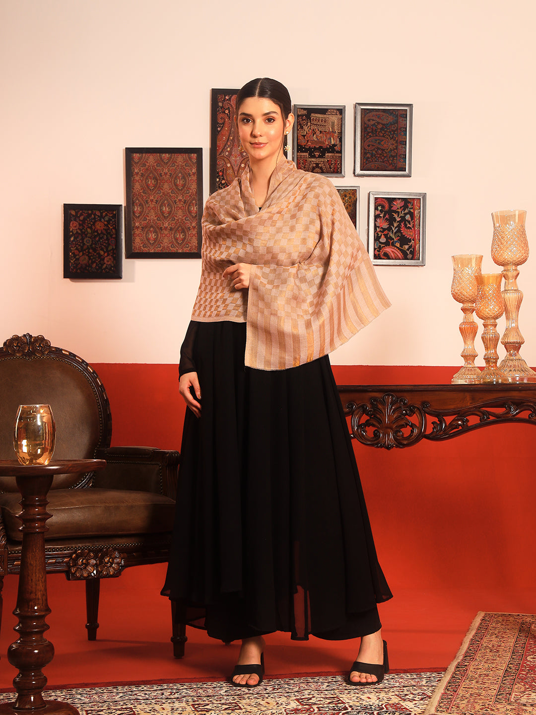 Pashmoda Women Champagne Check Reversible Zari Moonlight Fine Wool Stole (Size: 71x203 Cm)