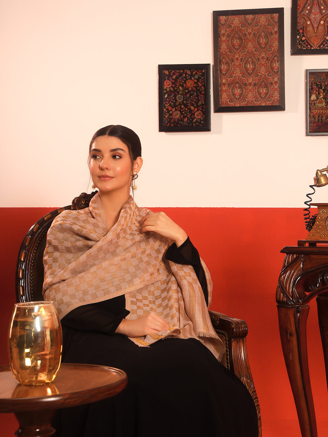 Pashmoda Women Champagne Check Reversible Zari Moonlight Fine Wool Stole (Size: 71x203 Cm)