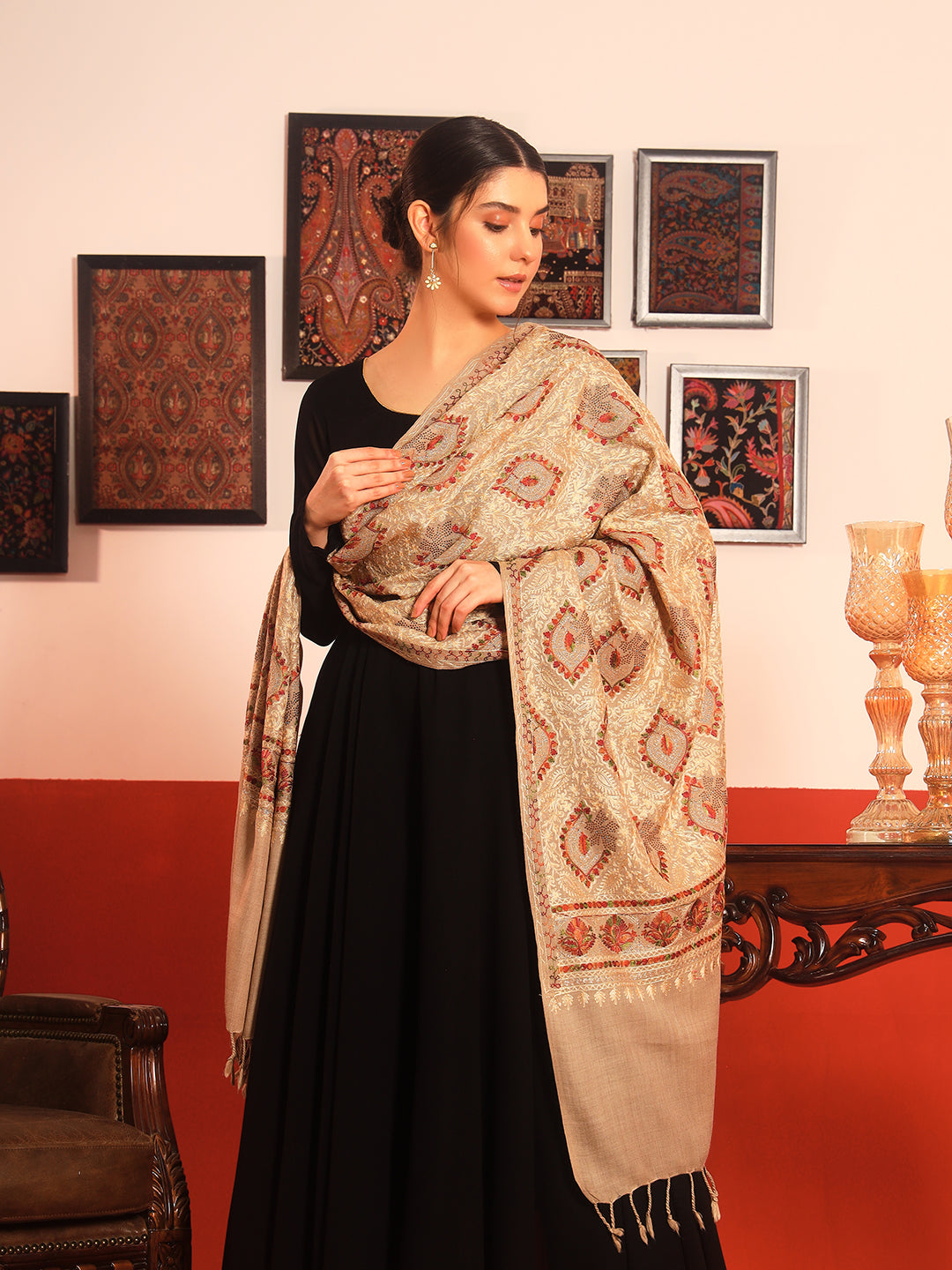 Pashmoda Women Ornate Harmony Fine Wool Nalki Embroidered Stole (Size : 71X203 CM)