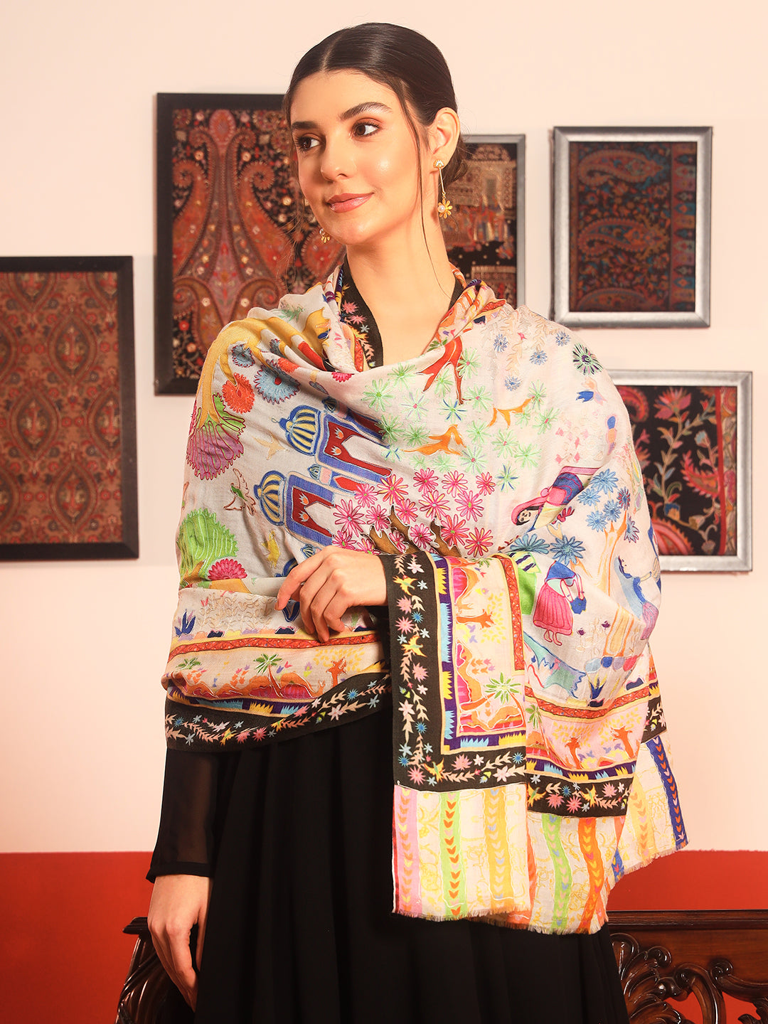 Pashmoda Women Naqshkaar Fine Wool Fabric Pashmina Kalamkari Embroidered Shawl (Size: 101x203 CM)