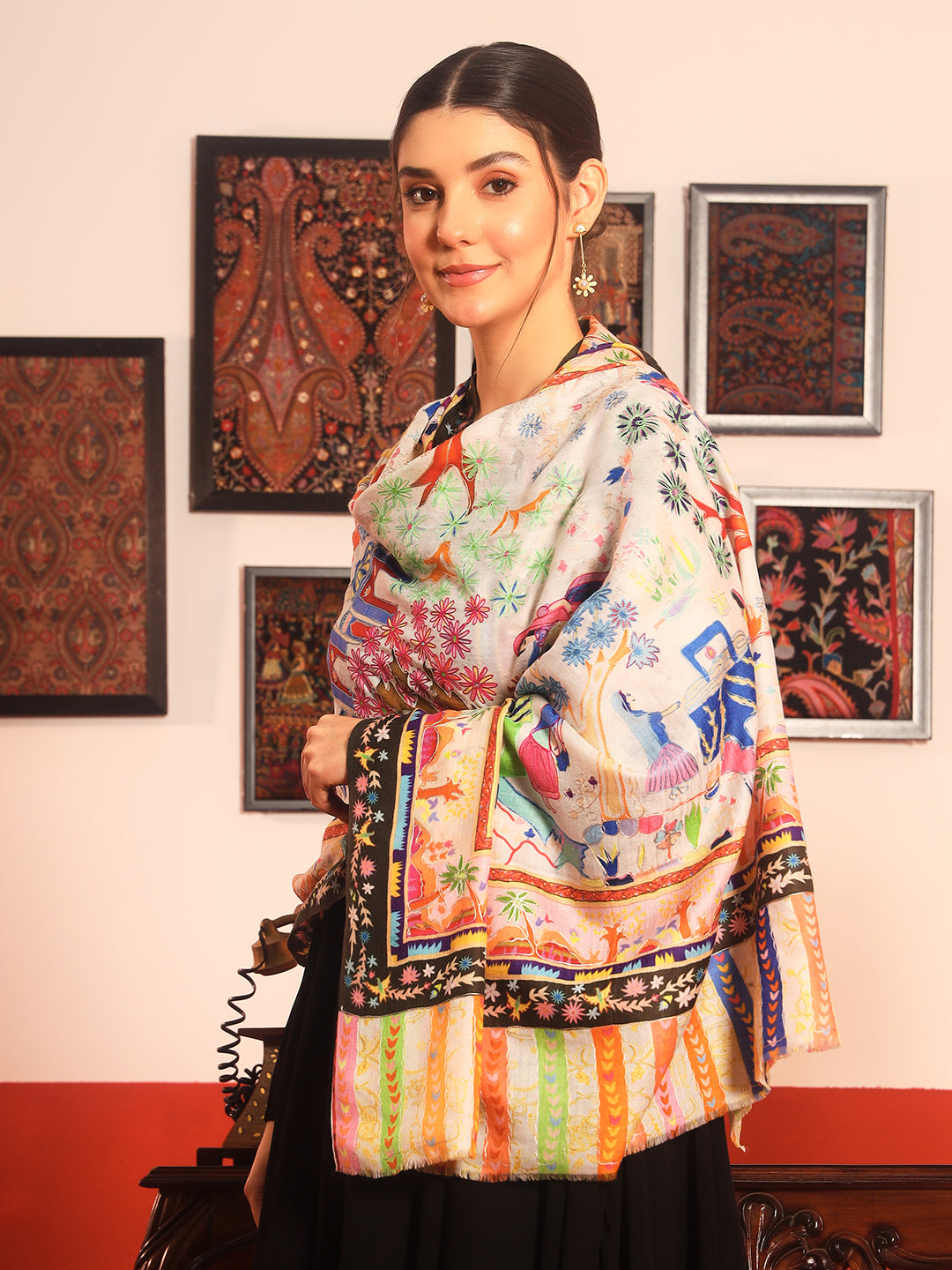 Pashmoda Women Naqshkaar Fine Wool Fabric Pashmina Kalamkari Embroidered Shawl (Size: 101x203 CM)