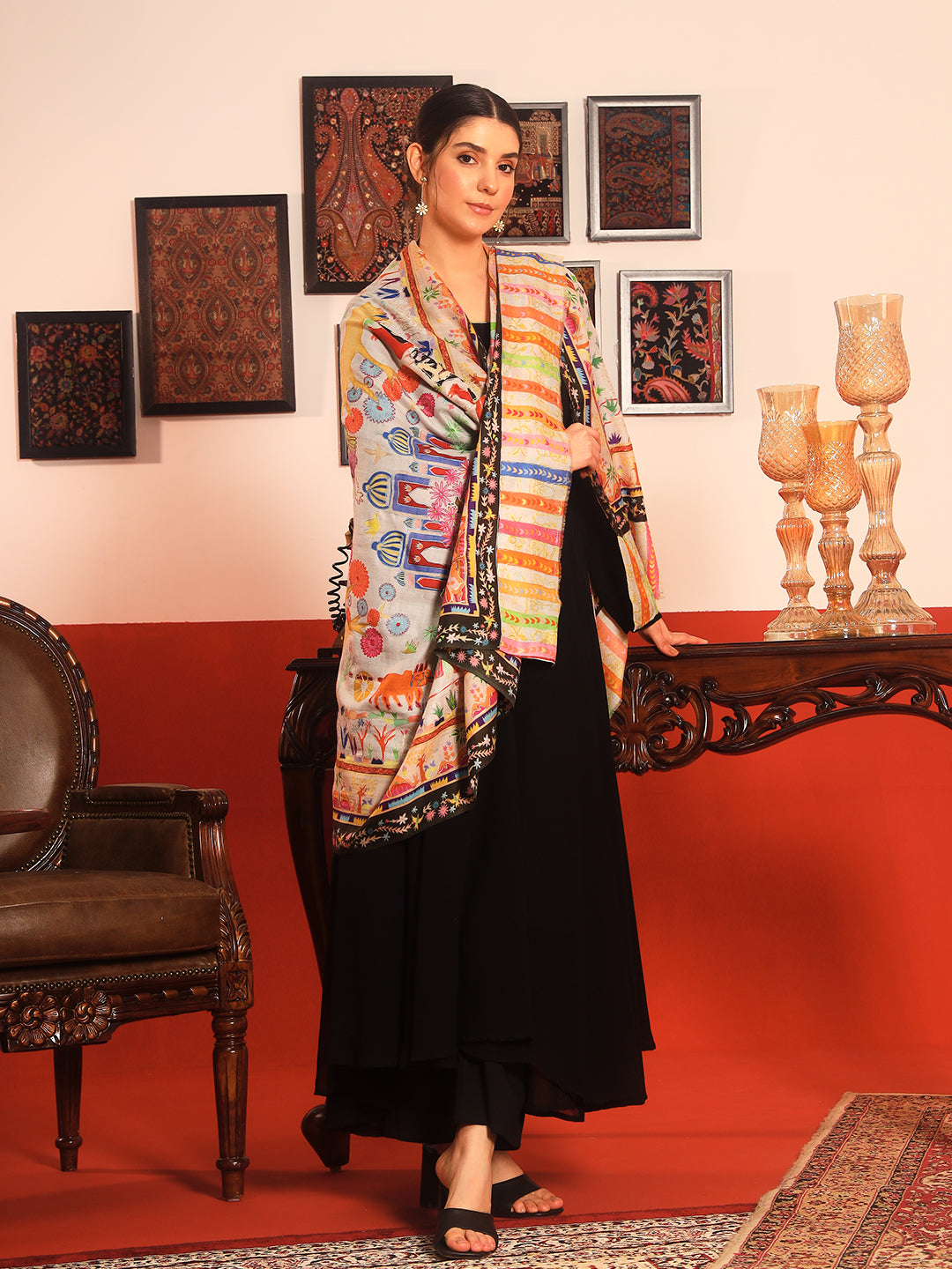 Pashmoda Women Naqshkaar Fine Wool Fabric Pashmina Kalamkari Embroidered Shawl (Size: 101x203 CM)