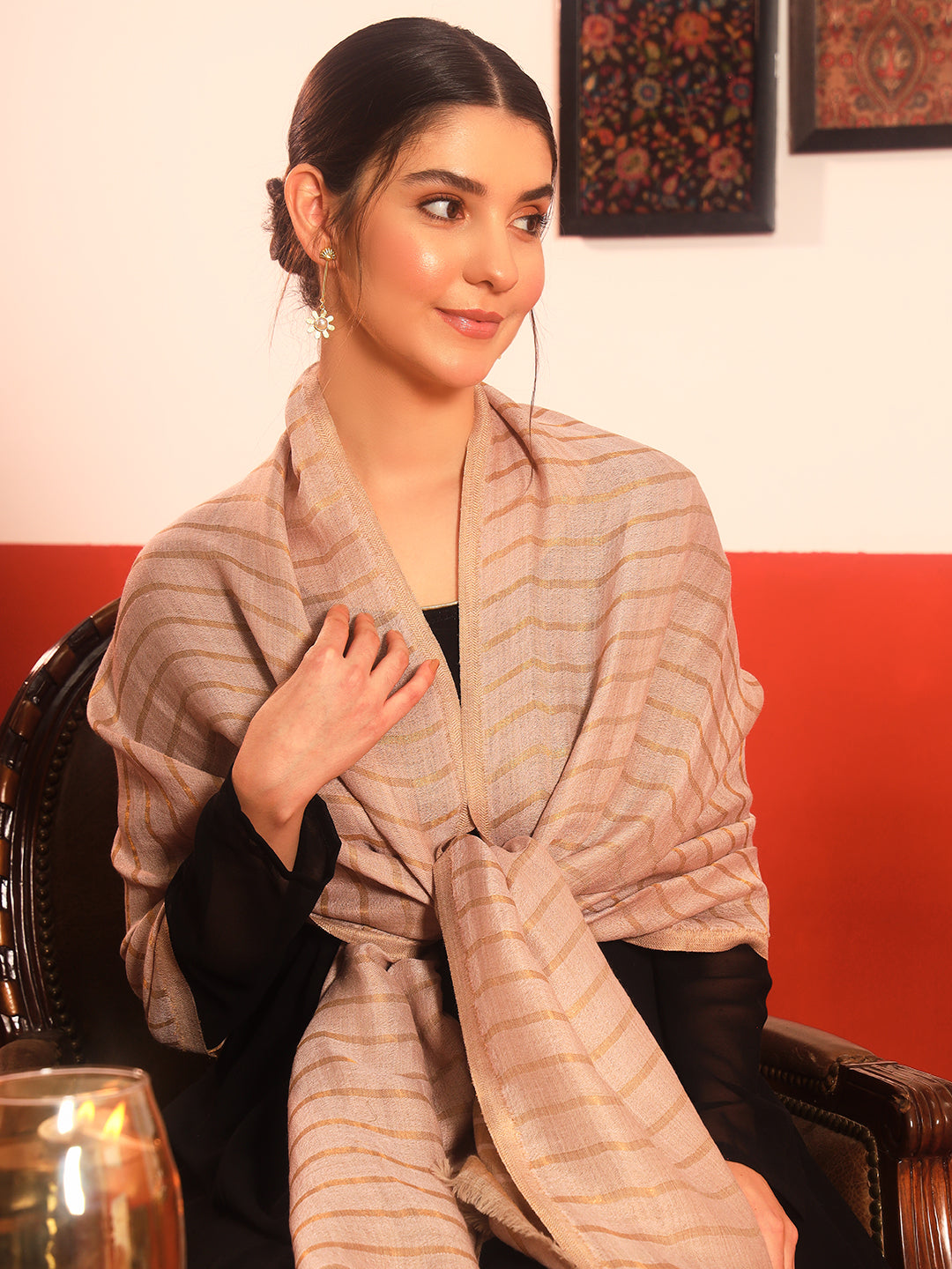 Pashmoda Women Golden Mirage Reversible Zari Moonlight Fine Wool Stole (Size: 71x203 Cm)