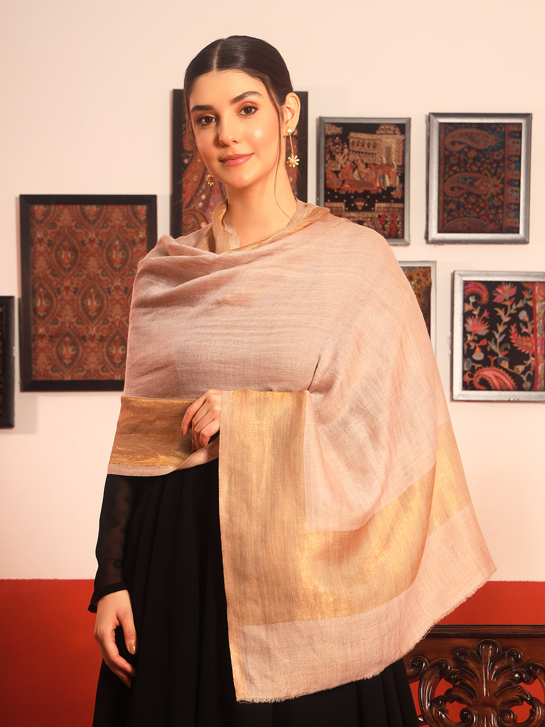 Pashmoda Women Midnight Bronze Reversible Zari Moonlight Fine Wool Stole (Size: 71x203 Cm)