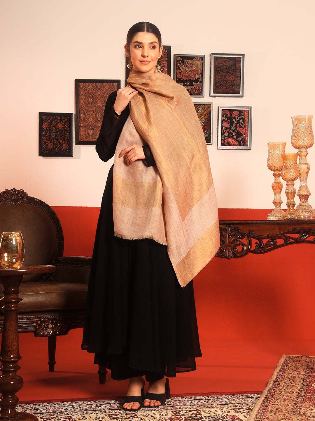 Pashmoda Women Midnight Bronze Reversible Zari Moonlight Fine Wool Stole (Size: 71x203 Cm)