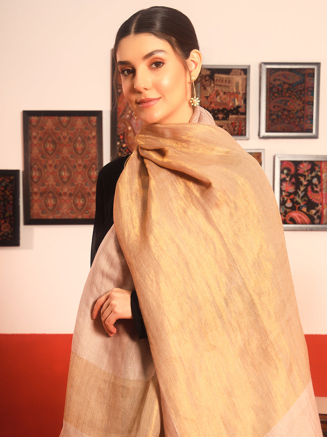 Pashmoda Women Midnight Bronze Reversible Zari Moonlight Fine Wool Stole (Size: 71x203 Cm)