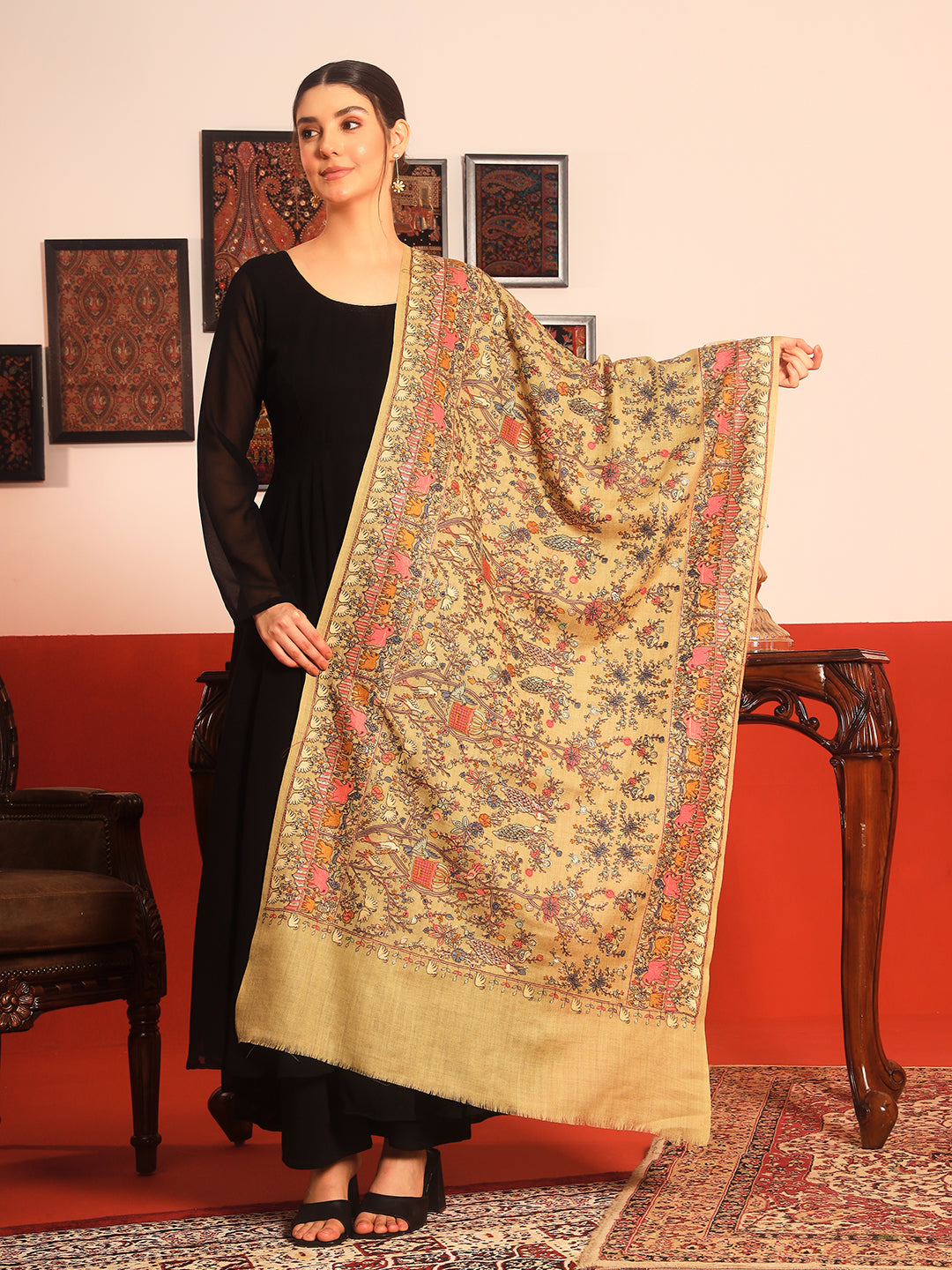 Pashmoda Women Naqsh 100% Pure Wool Sozni Hand Embroidered Stole (Size: 71x203cm)