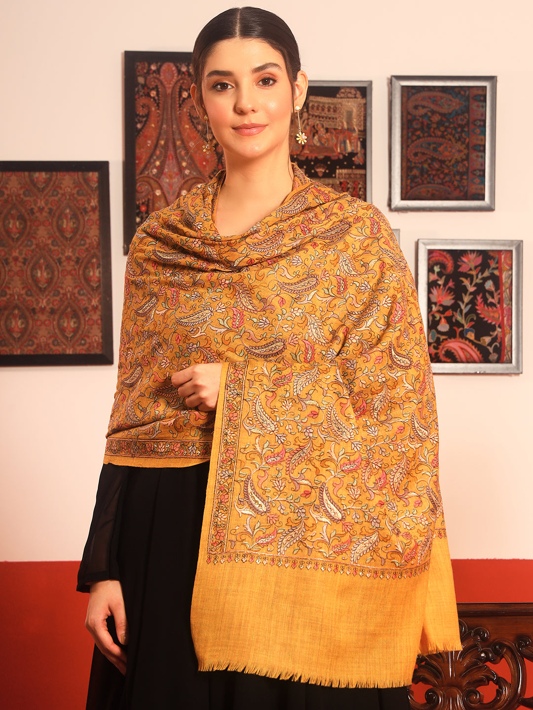 Pashmoda Women’s 100% Pure Wool Sozni Hand Embroidered Stole (Size: 71x203 cm)