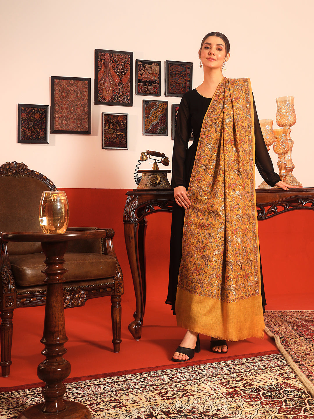 Pashmoda Women’s 100% Pure Wool Sozni Hand Embroidered Stole (Size: 71x203 cm)