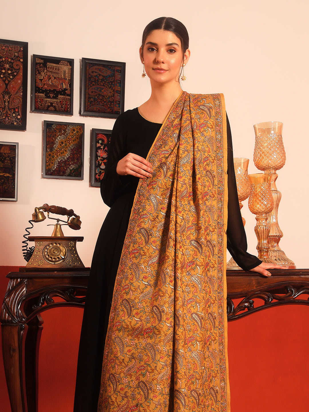 Pashmoda Women’s 100% Pure Wool Sozni Hand Embroidered Stole (Size: 71x203 cm)