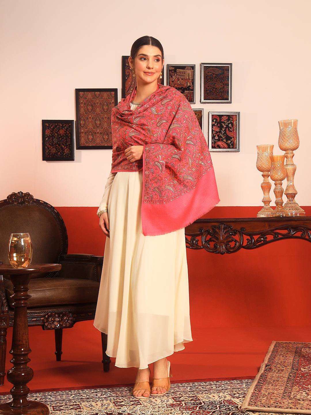 Pashmoda Women’s 100% Pure Wool Sozni Hand Embroidered Stole (Size: 71x203 cm)