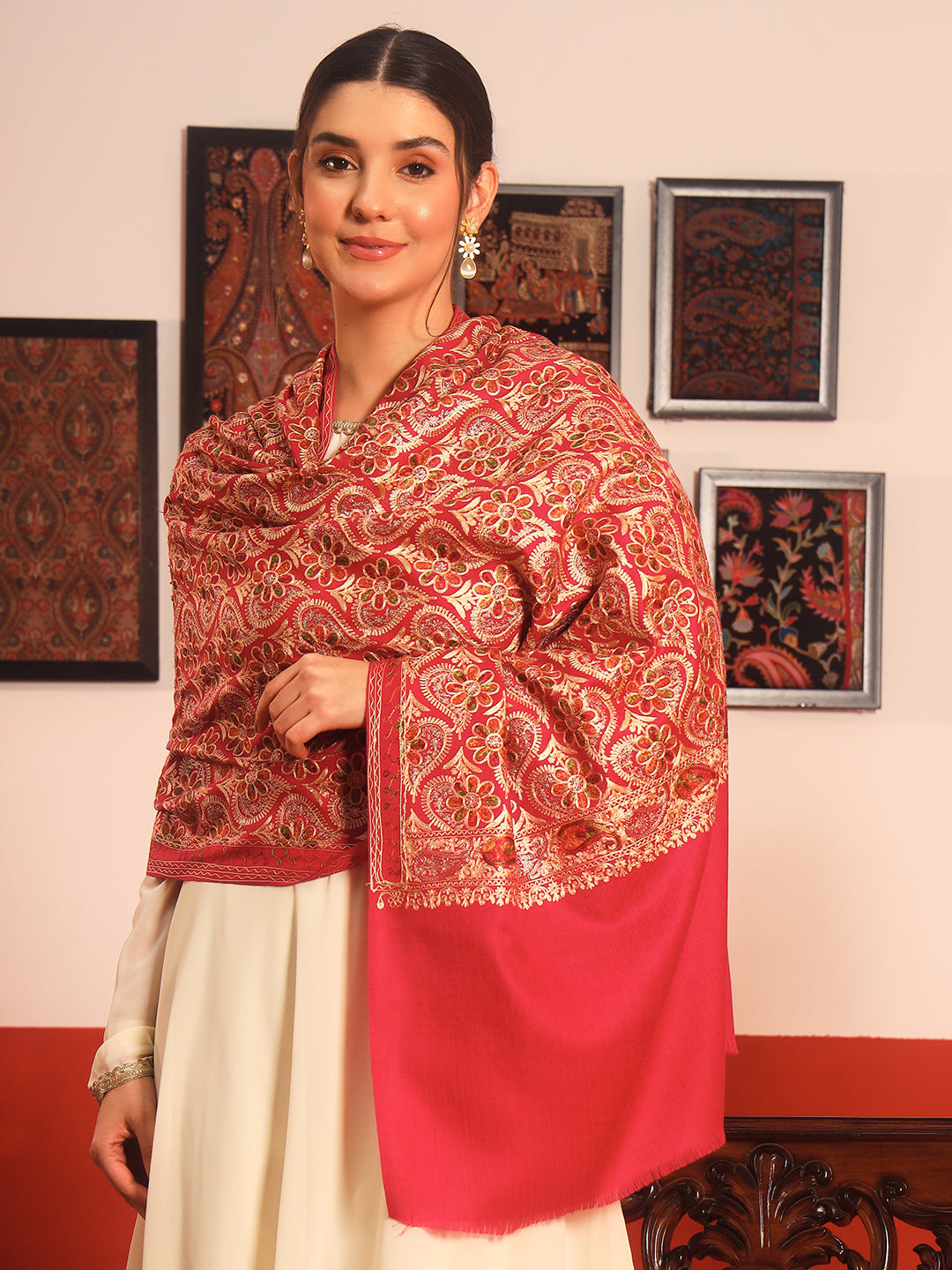 Pashmoda Women Kashish Fine Wool Nalki Embroidered Stole (Size : 71X203 CM)