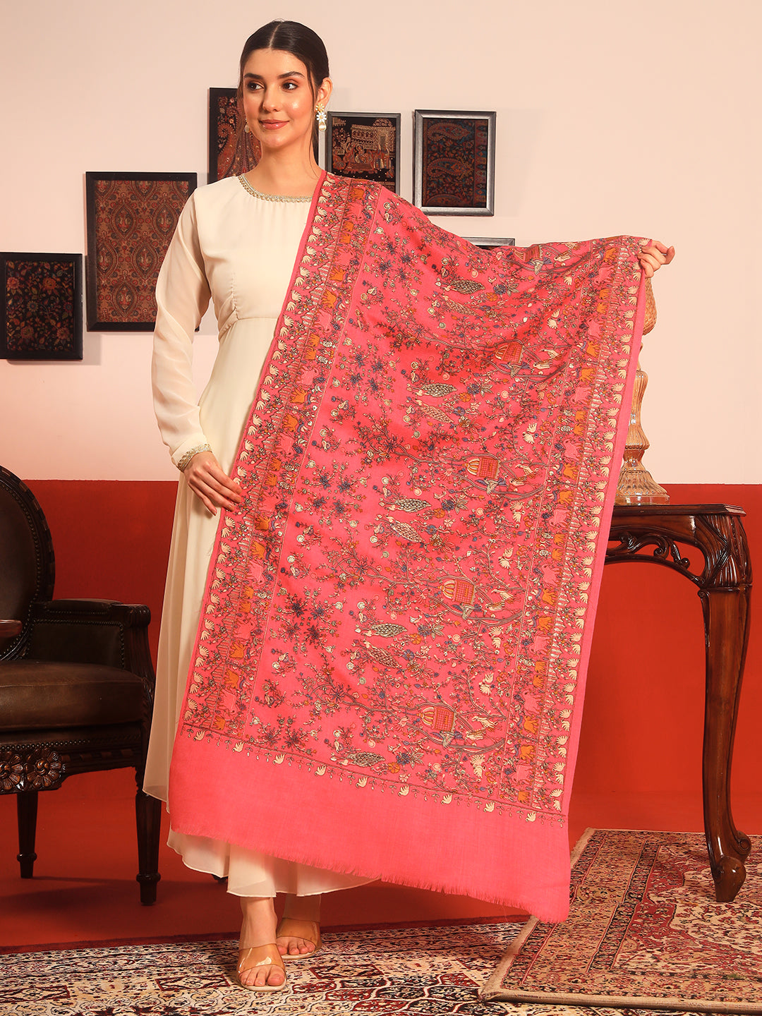 Pashmoda Women Naqsh 100% Pure Wool Sozni Hand Embroidered Stole (Size:71x203cm)