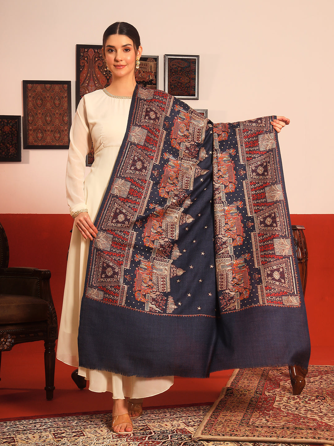 Pashmoda Women Zavian 100% Pure Wool Sozni Hand Embroidered Shawl (Size: 101x203 Cm)