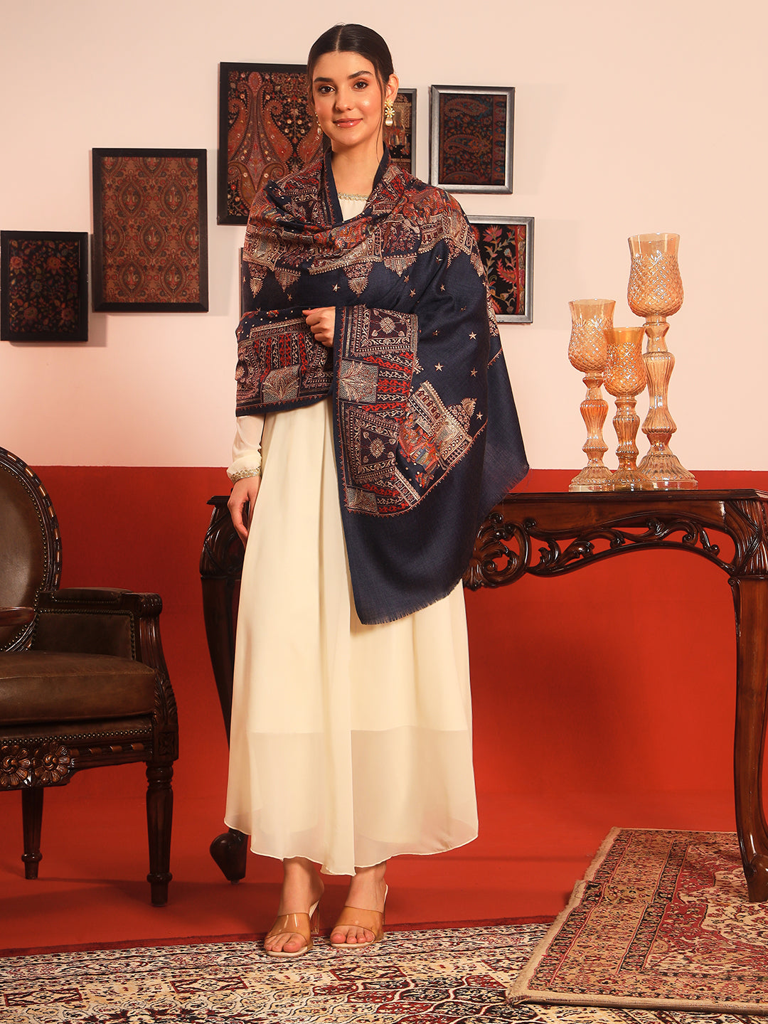 Pashmoda Women Zavian 100% Pure Wool Sozni Hand Embroidered Shawl (Size: 101x203 Cm)