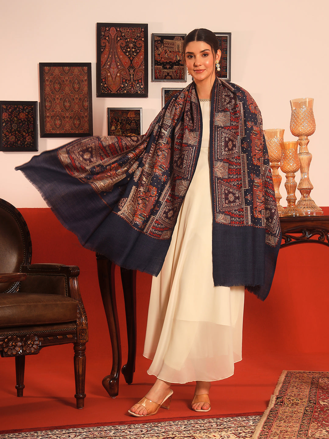 Pashmoda Women Zavian 100% Pure Wool Sozni Hand Embroidered Shawl (Size: 101x203 Cm)