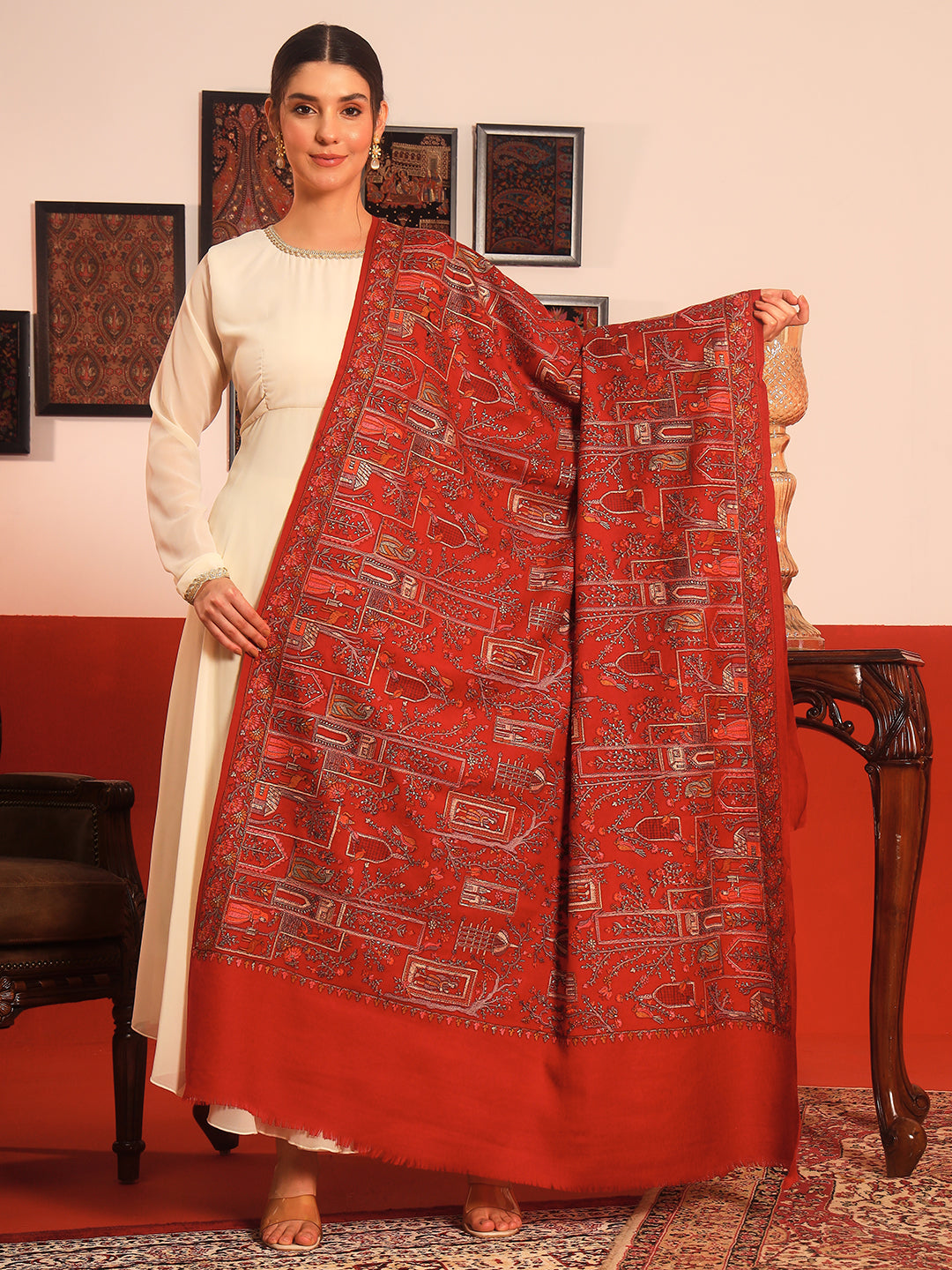 Pashmoda Women Arwina 100% Pure Wool Sozni Hand Embroidered Shawl (Size: 101x203 CM)