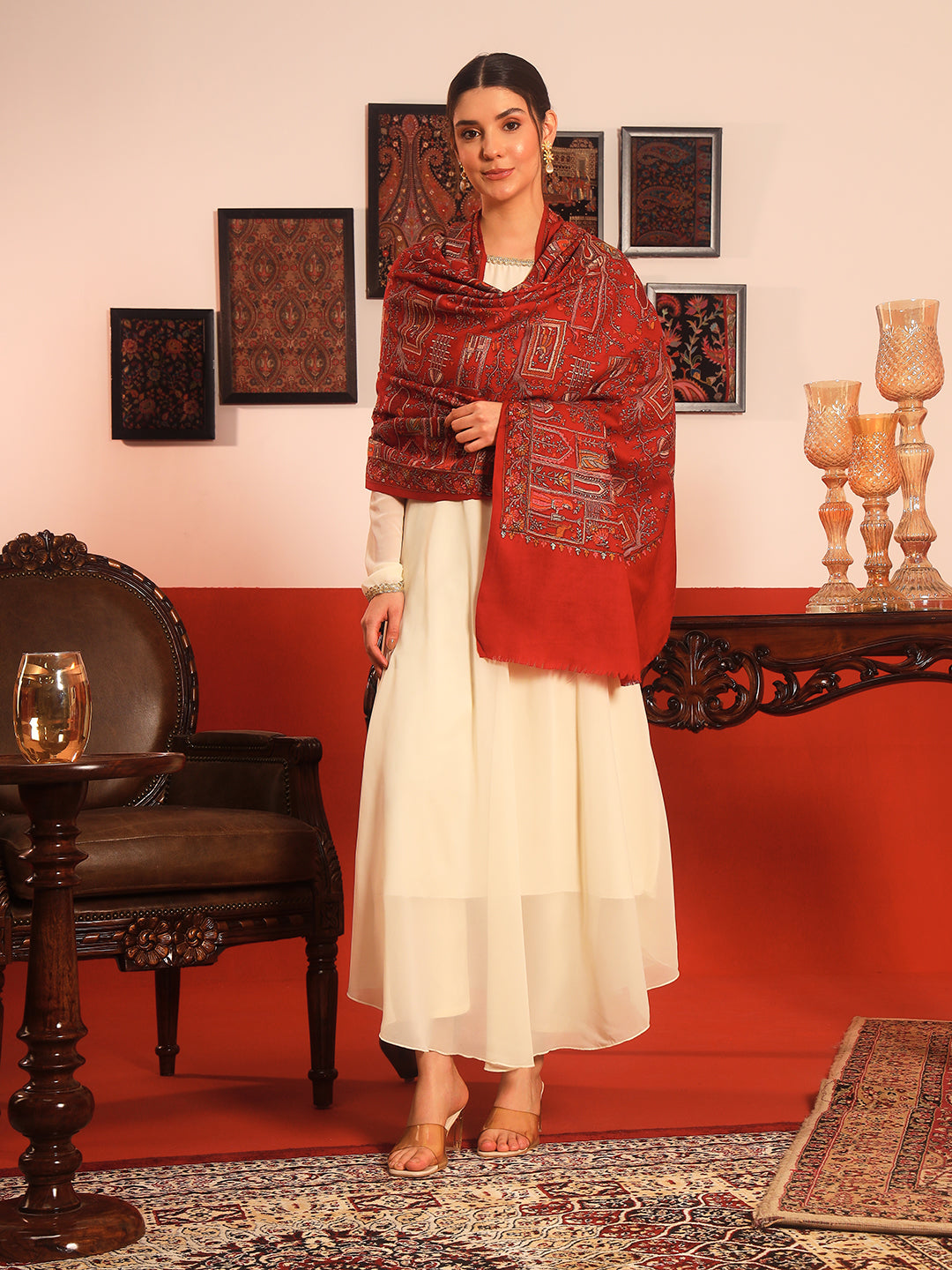 Pashmoda Women Arwina 100% Pure Wool Sozni Hand Embroidered Shawl (Size: 101x203 CM)