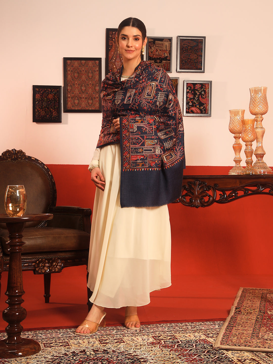 Pashmoda Women Arwina 100% Pure Wool Sozni Hand Embroidered Shawl (Size: 101x203 CM)