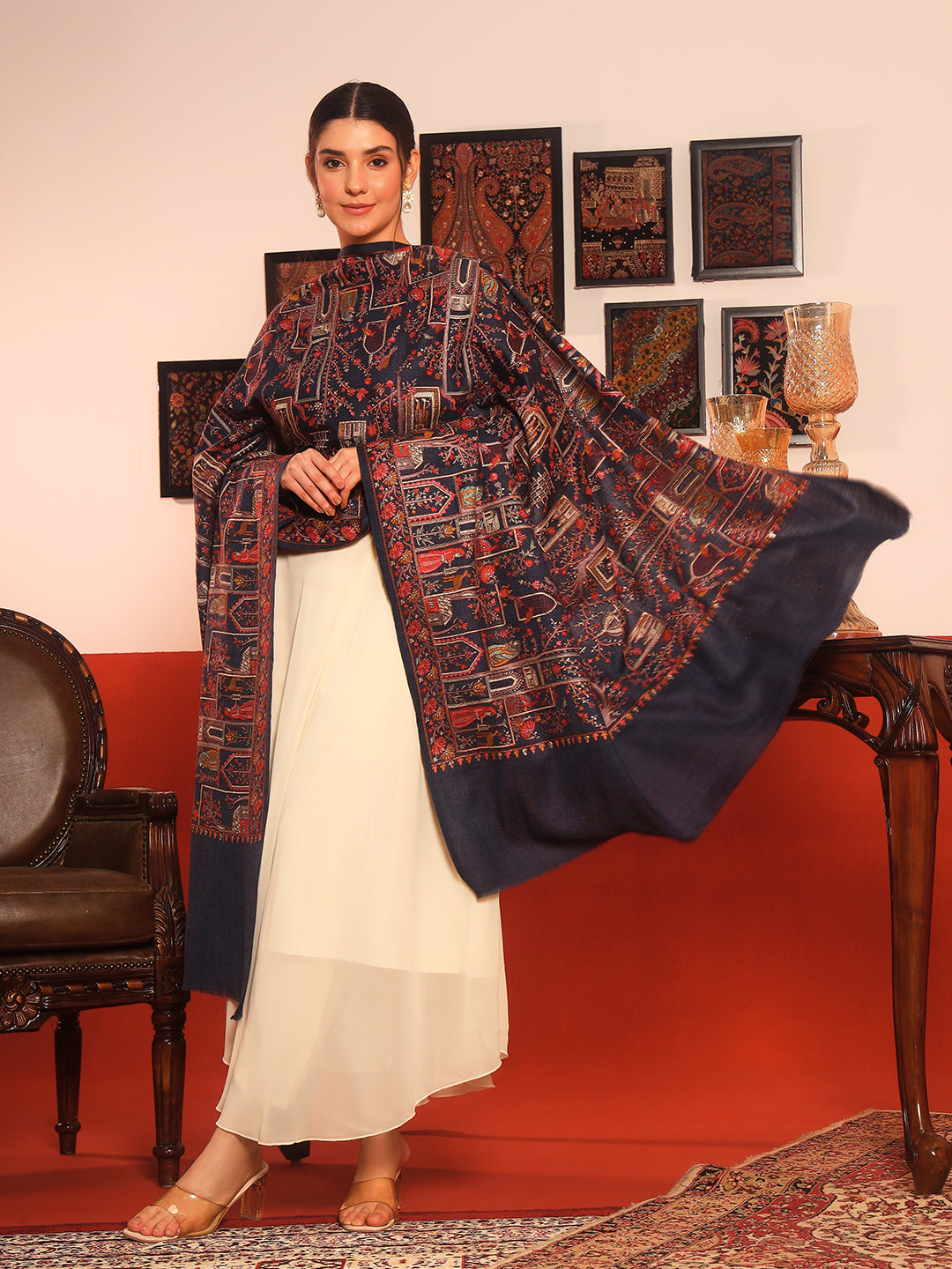 Pashmoda Women Arwina 100% Pure Wool Sozni Hand Embroidered Shawl (Size: 101x203 CM)