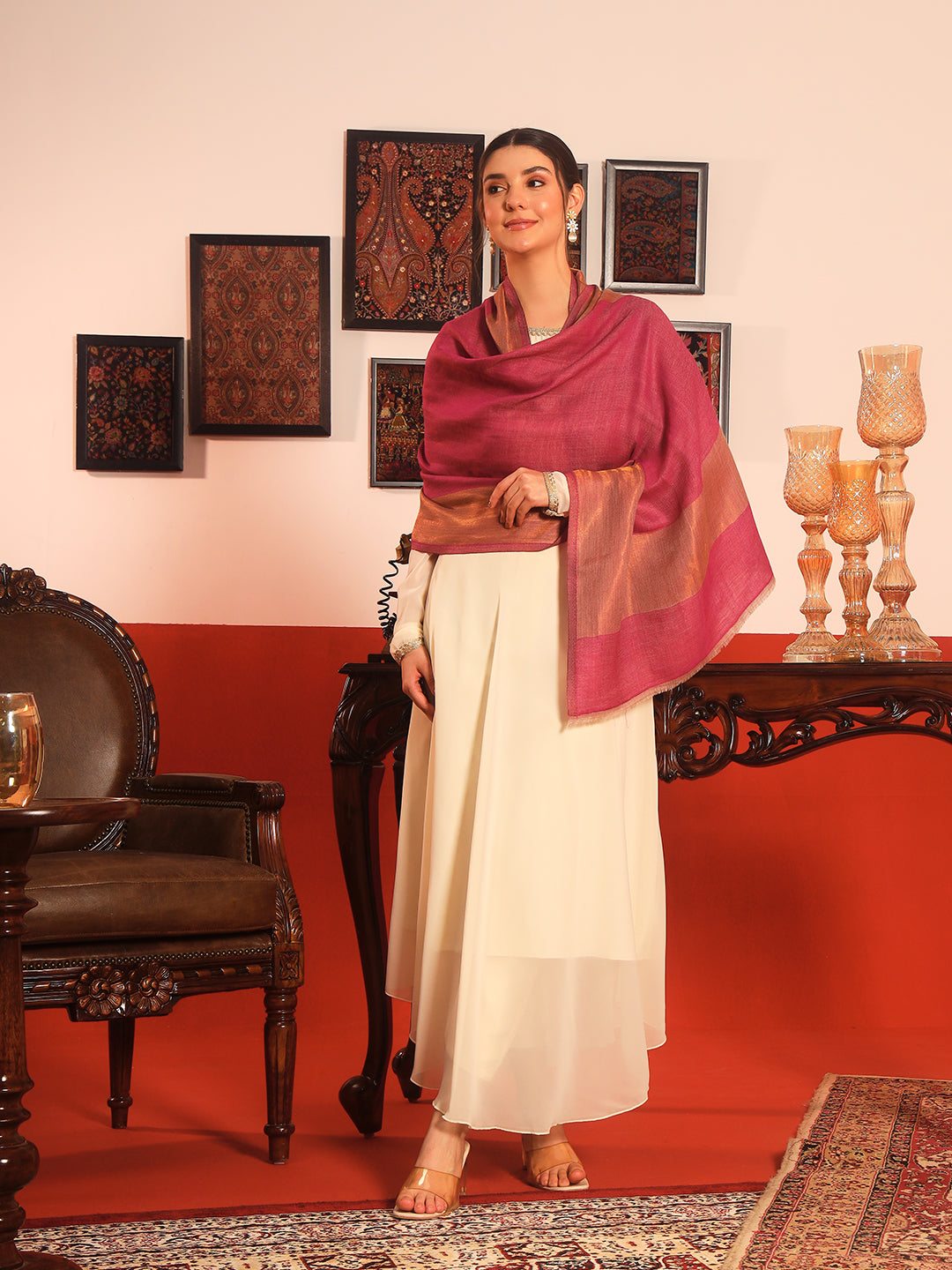 Pashmoda Women Midnight Bronze Reversible Zari Moonlight Fine Wool Stole (Size: 71x203 Cm)