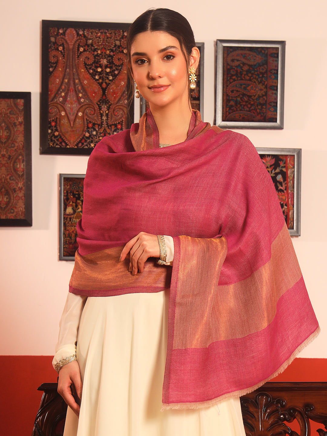 Pashmoda Women Midnight Bronze Reversible Zari Moonlight Fine Wool Stole (Size: 71x203 Cm)