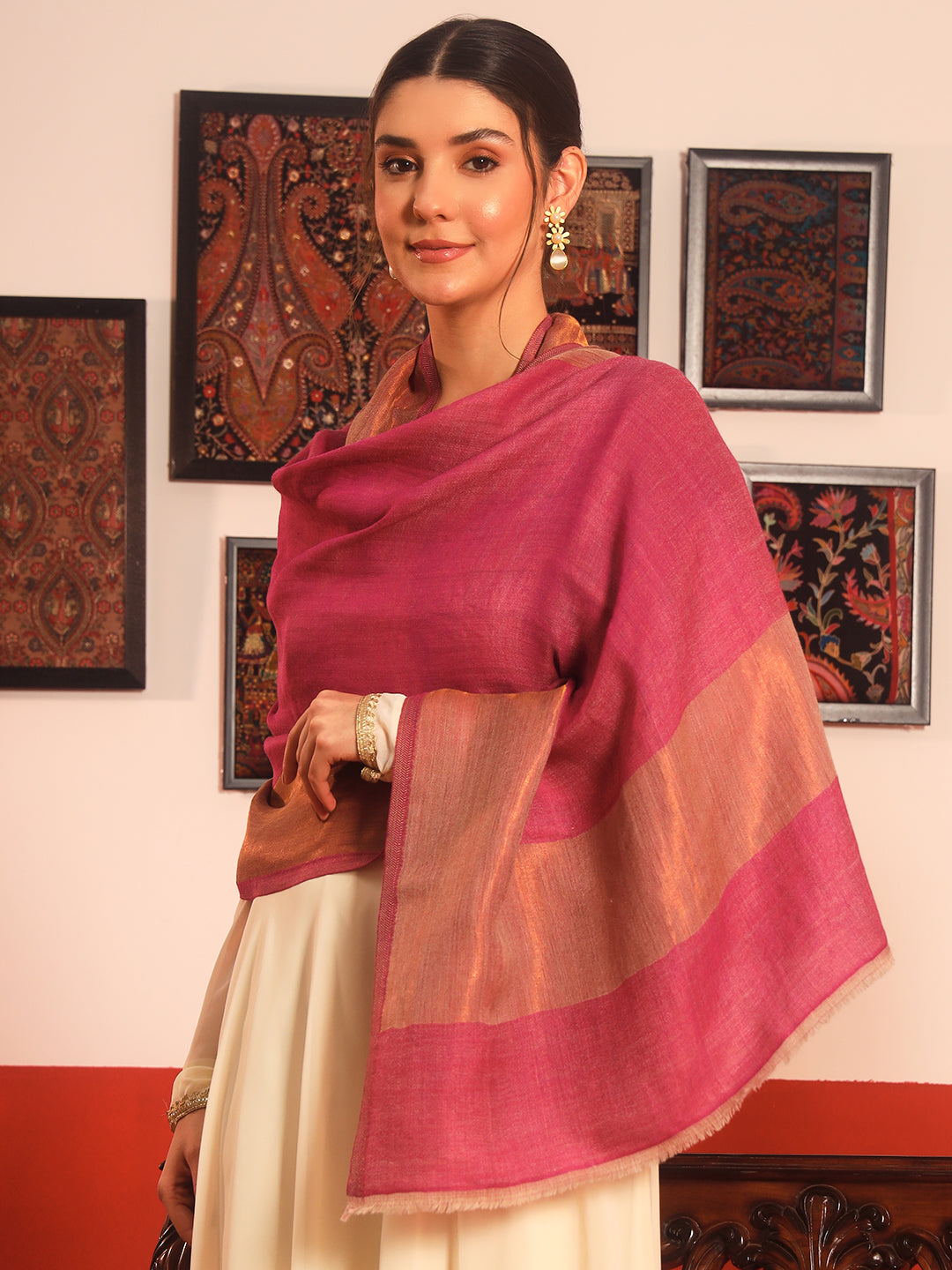 Pashmoda Women Midnight Bronze Reversible Zari Moonlight Fine Wool Stole (Size: 71x203 Cm)