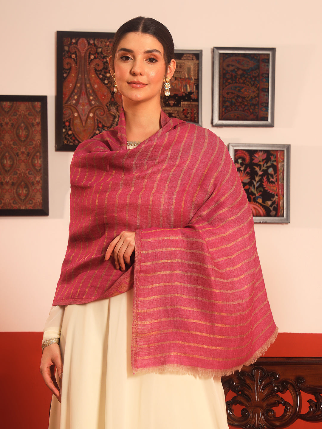 Pashmoda Women Golden Mirage Reversible Zari Moonlight Fine Wool Stole (Size: 71x203 Cm)