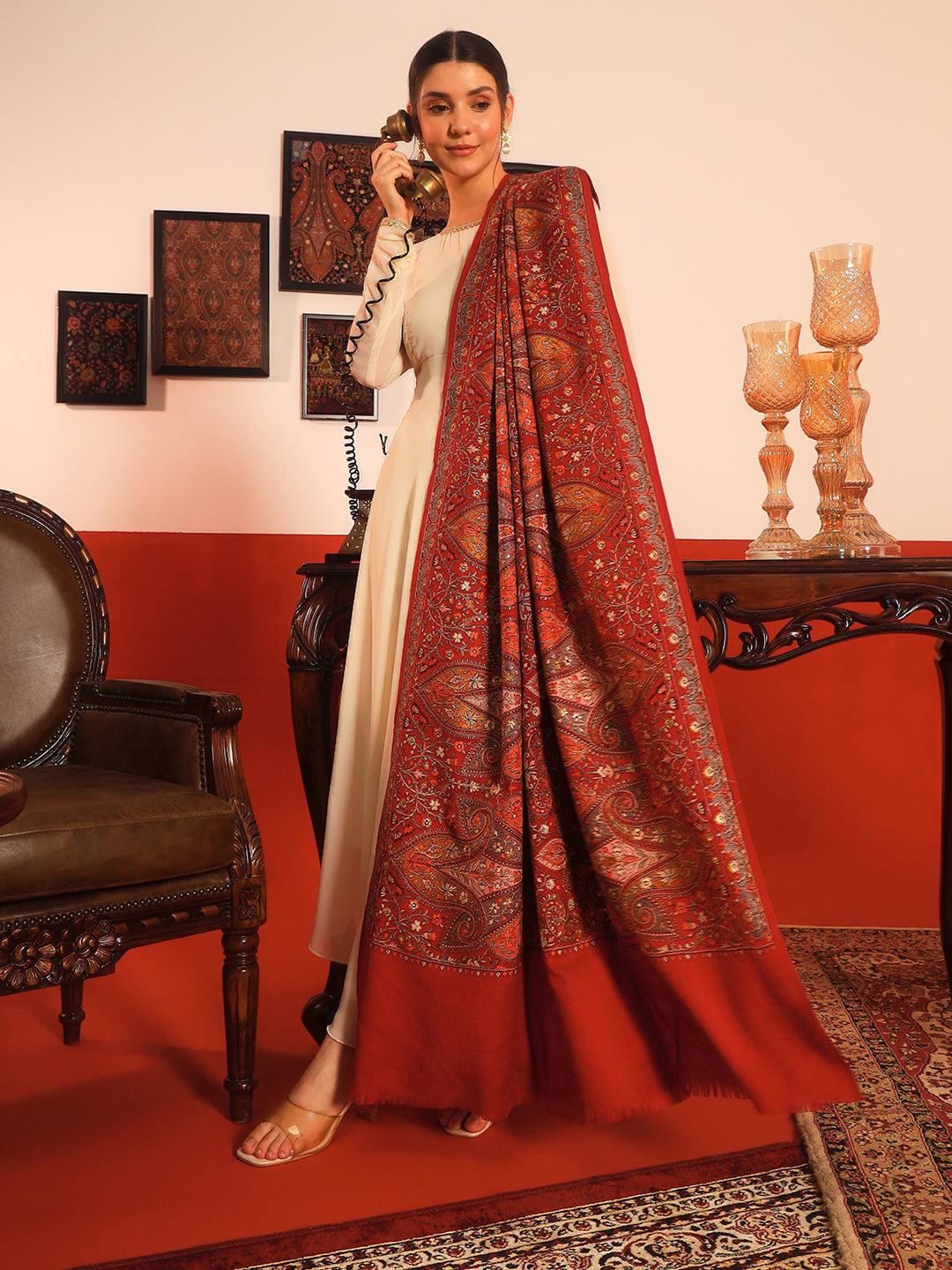 Pashmoda Women Mahnoor 100% Pure Wool Sozni Hand Embroidered Shawl (Size: 101x203 Cm)