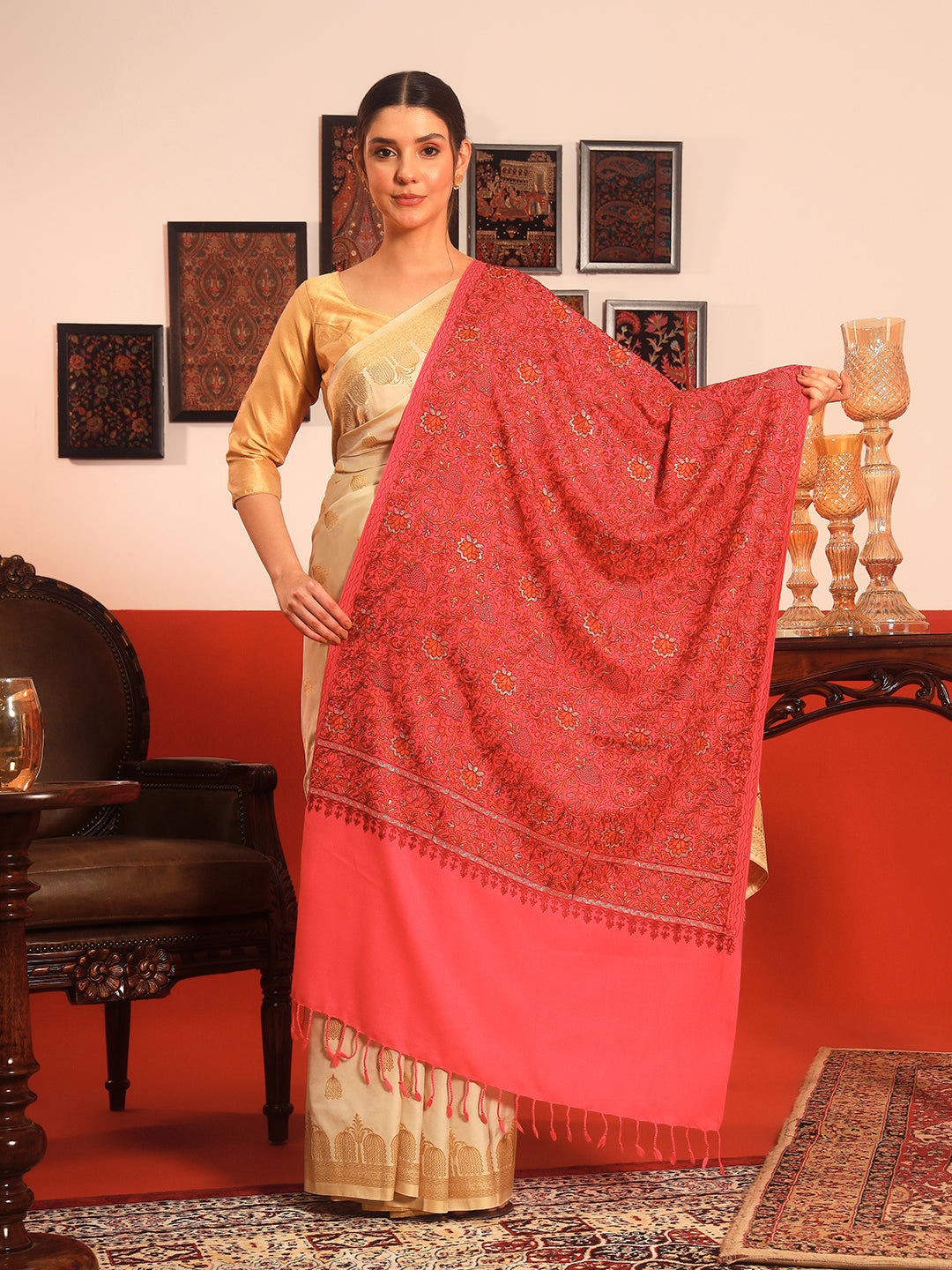 Pashmoda Women Hunar Fine Wool Nalki Embroidered Stole (Size : 71X203 CM)