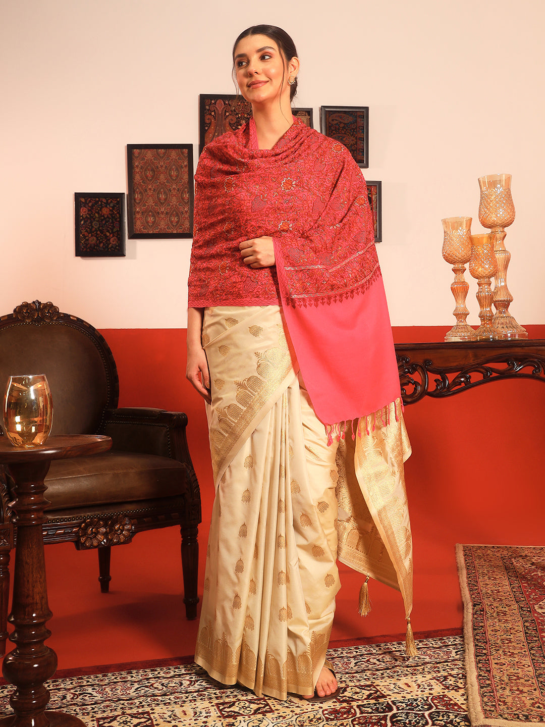 Pashmoda Women Hunar Fine Wool Nalki Embroidered Stole (Size : 71X203 CM)