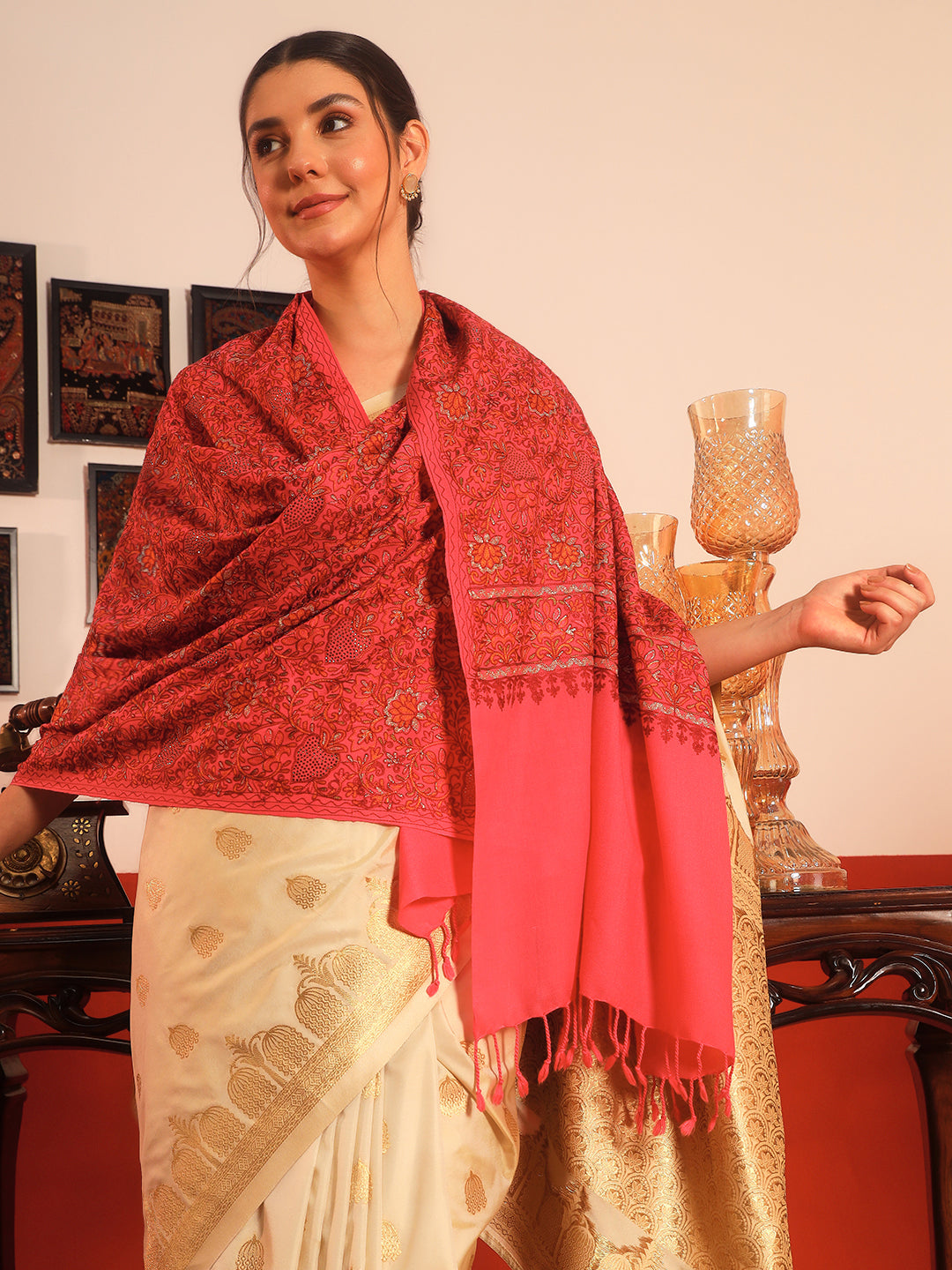 Pashmoda Women Hunar Fine Wool Nalki Embroidered Stole (Size : 71X203 CM)