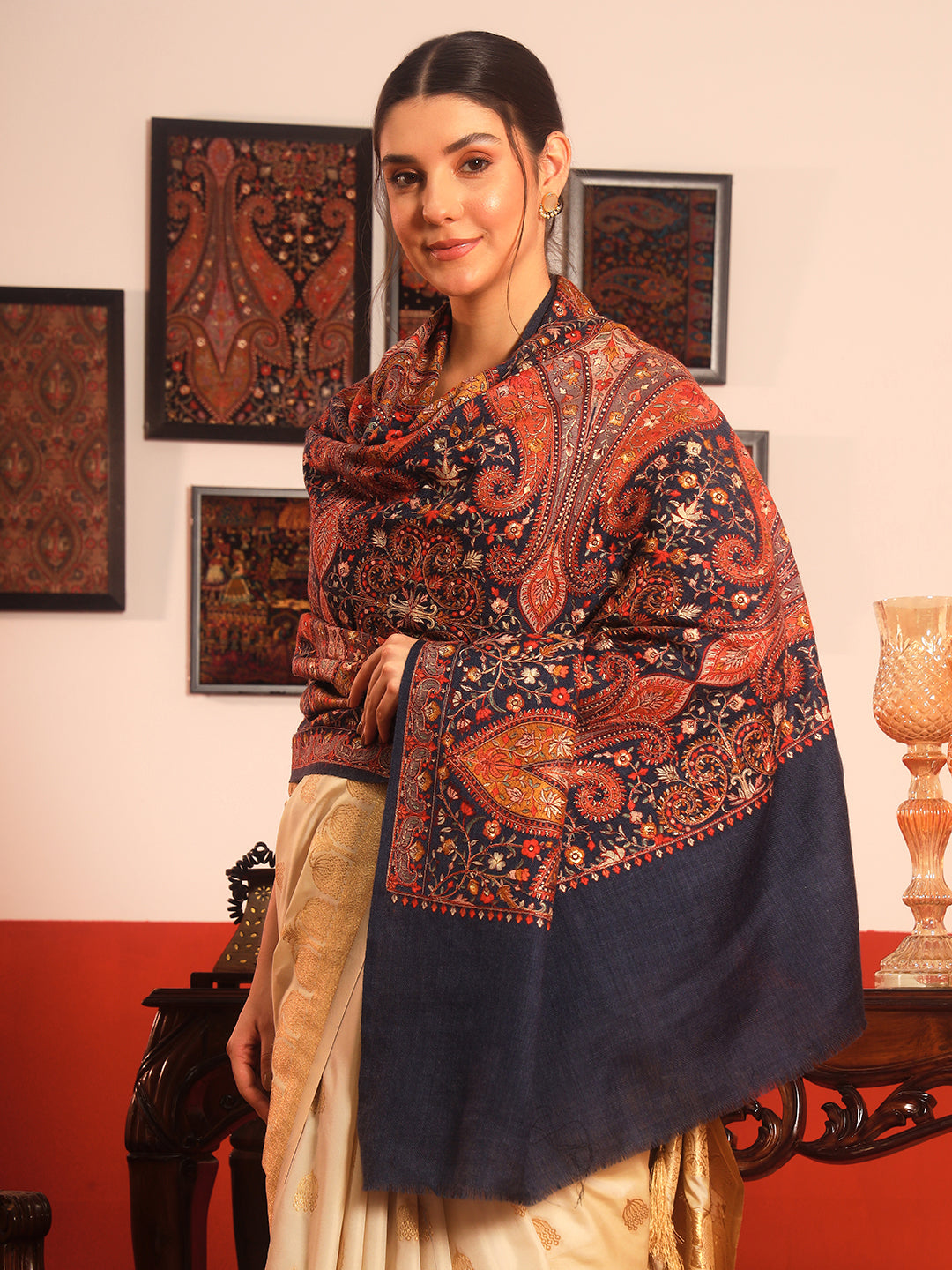 Pashmoda Women’s Mahnoor 100% Pure Wool Sozni Hand Embroidered Shawl (Size: 101x203 Cm)